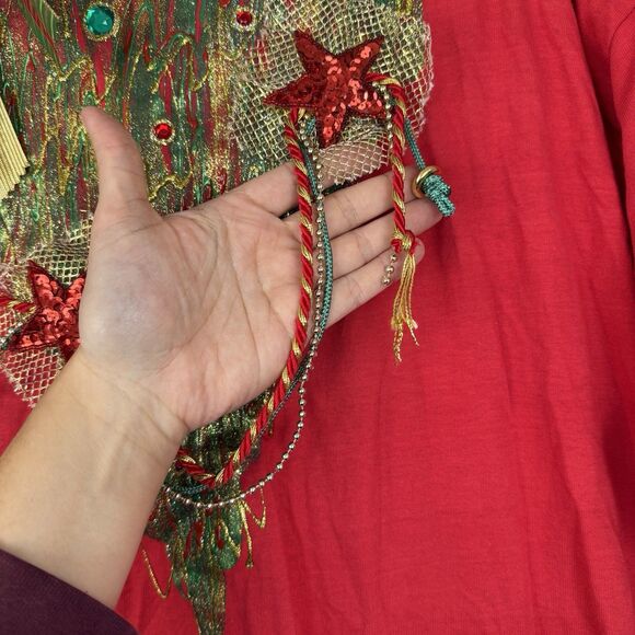 Vtg Puffy Paint Christmas Tree Shirt O/S L? 3D Bow Bead Sequin Funky Artsy 80s - Picture 5 of 14
